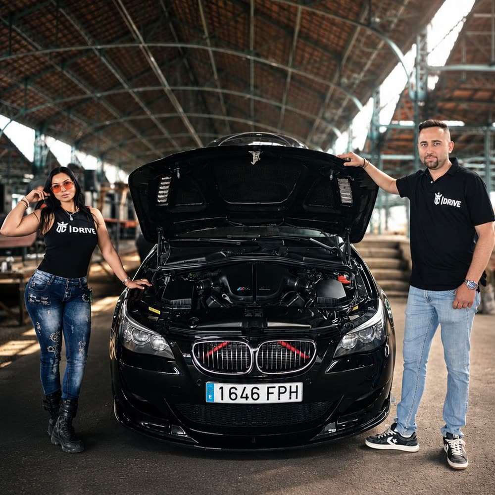 Miembros de OC Drive junto a un BMW M5 negro